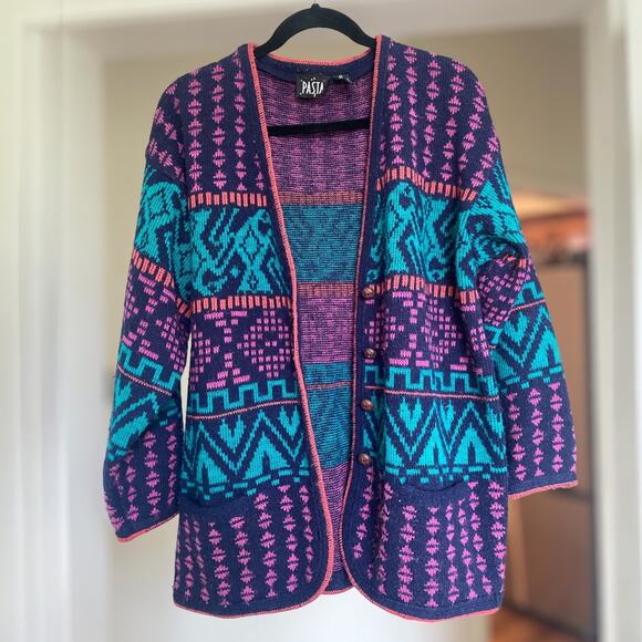 Vintage 80s Chunky Cardigan Sweater Colorful Aztec Patterned Women's M  Preppy - Picture 3 of 7